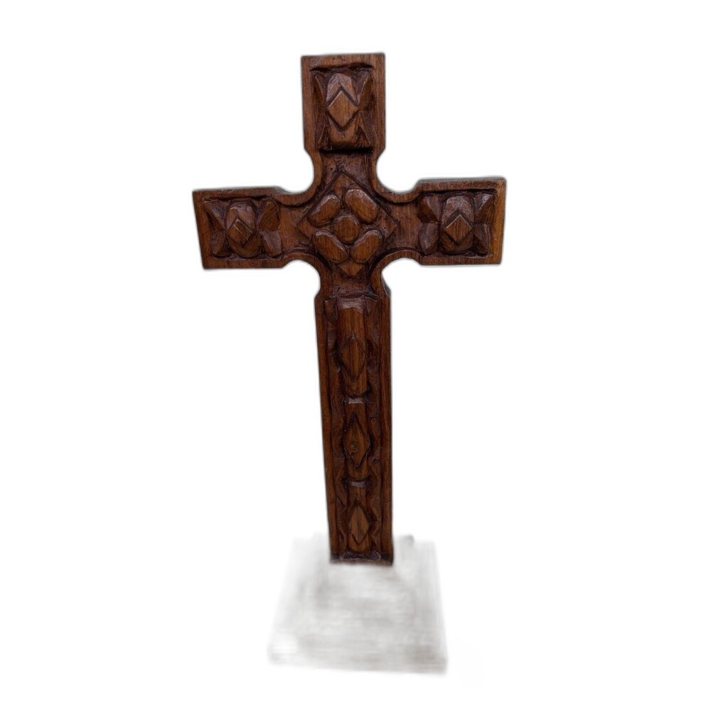 VTG Wood table top cross 75 hand-carved 12 in signed dated folk art chip-carving